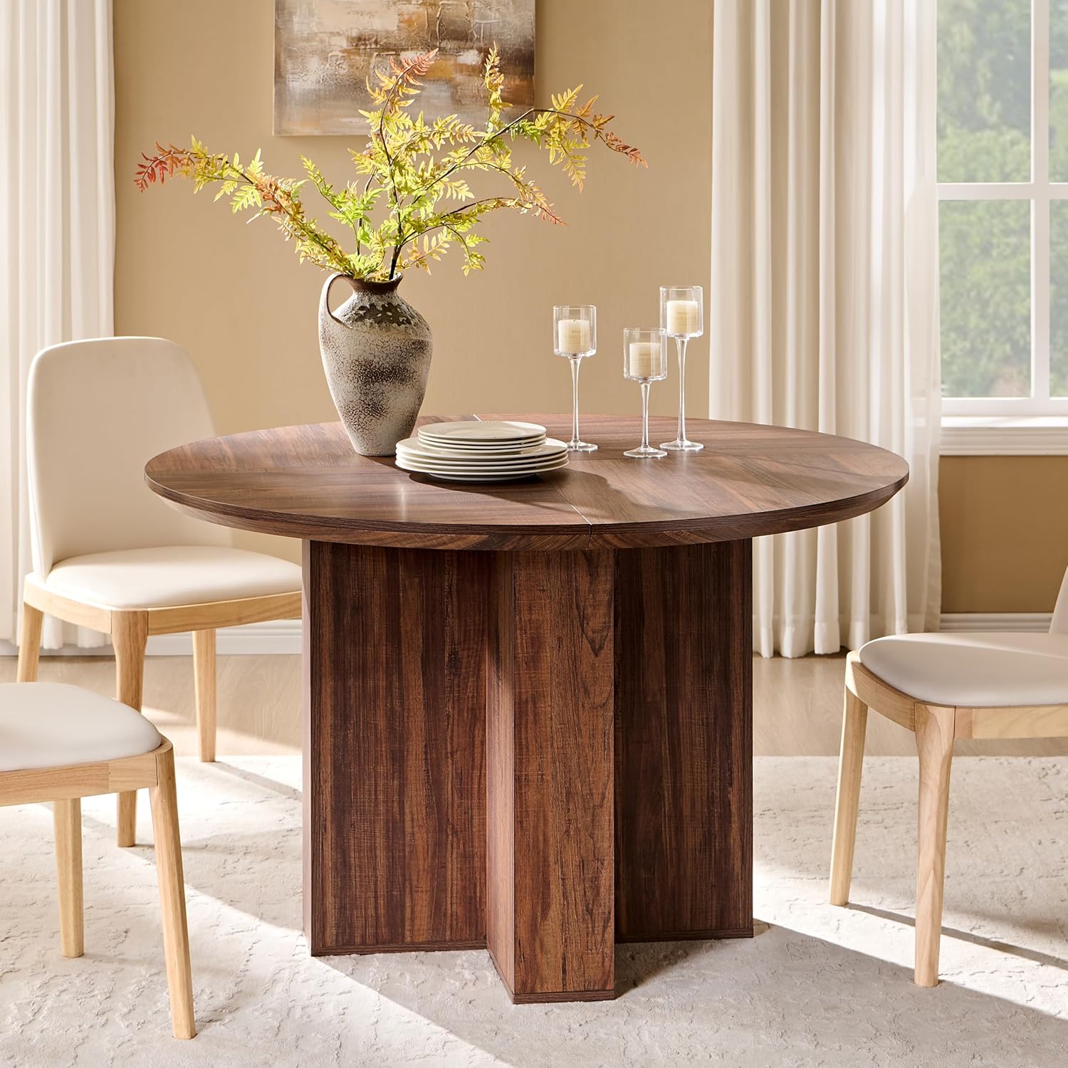 OKD 47 Inch Modern Wood Round Dining Table for 4, Dining Room Table with Stable Cross Pedestal Base & Thick Tabletop, Sturdy Circle Kitchen Table for Dinner Room, Kitchen, Nook, Rustic Walnut