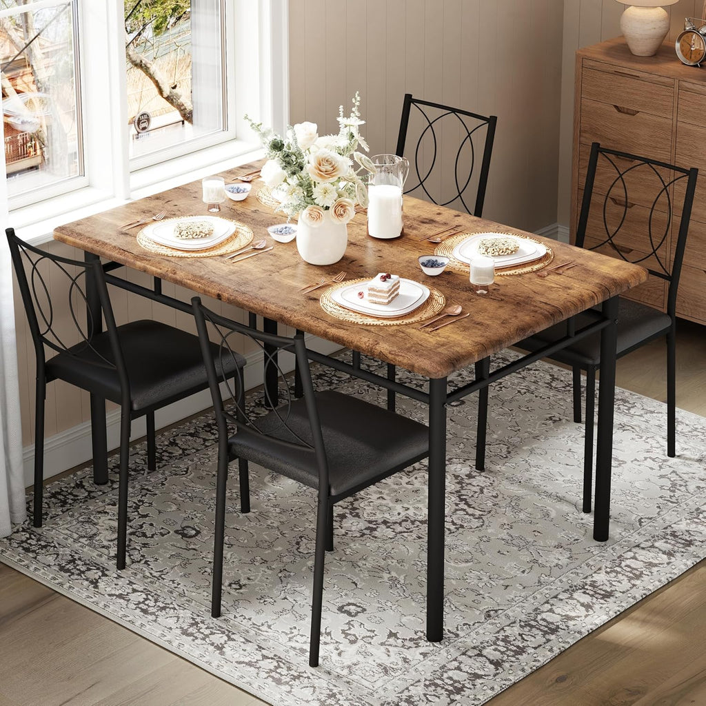 IDEALHOUSE Space-Saving 5-Piece Dining Table Set for 4 – Farmhouse Wooden Kitchen & Dining Room Furniture with Upholstered Chairs – Compact Breakfast Nook, Vintage Color