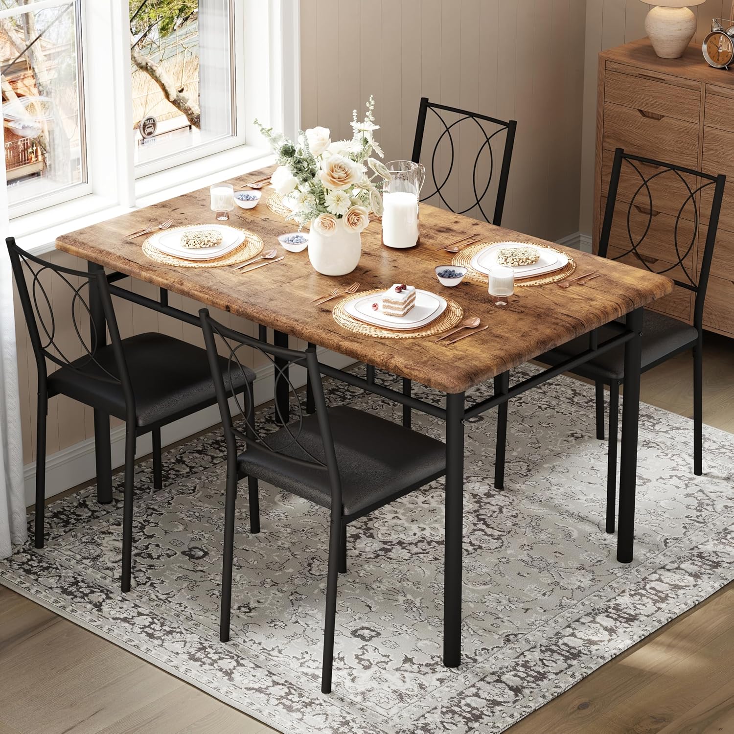 IDEALHOUSE Space-Saving 5-Piece Dining Table Set for 4 – Farmhouse Wooden Kitchen & Dining Room Furniture with Upholstered Chairs – Compact Breakfast Nook, Vintage Color
