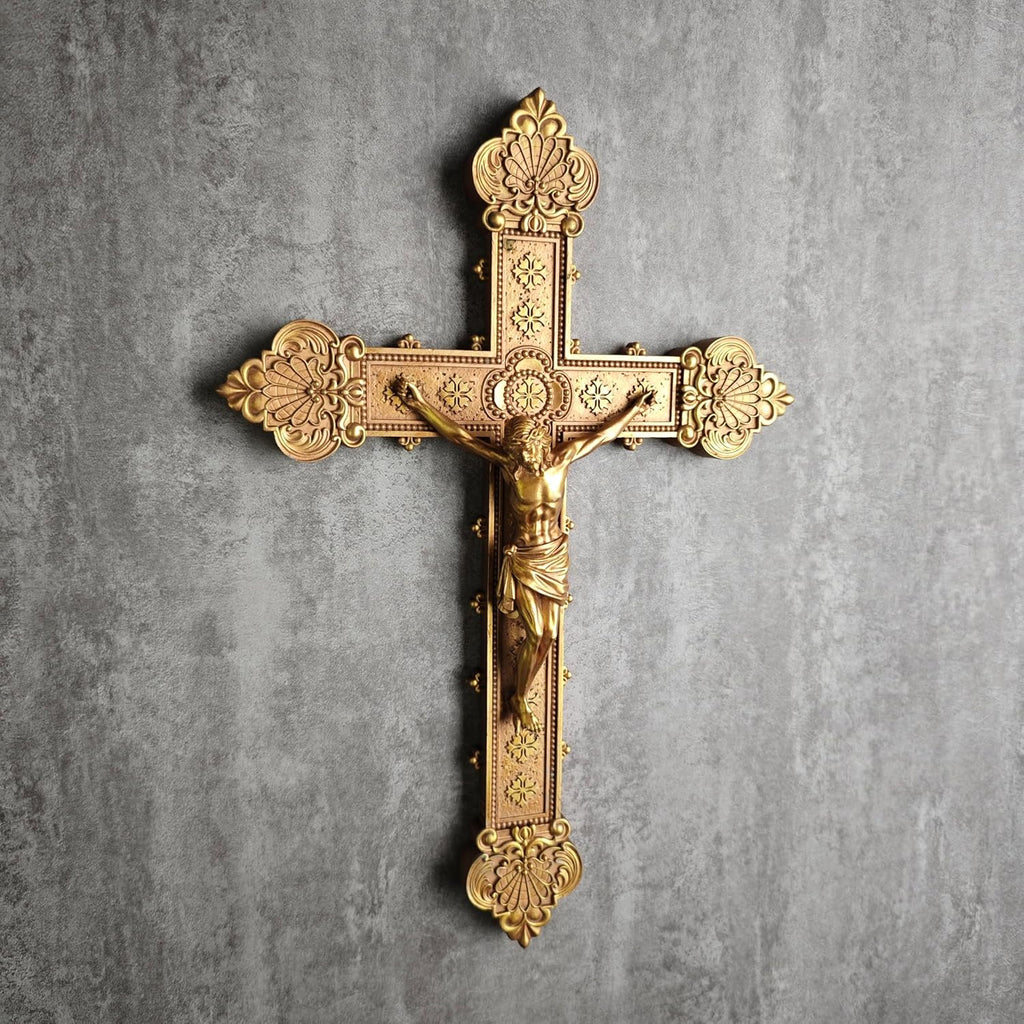 BC Catholic Crucifix Wall Cross, 12"H Jesus Christ Religious Home Decor, Catholic Wedding Gift, Gold Color Finish, Hand-painted by Buildclassic