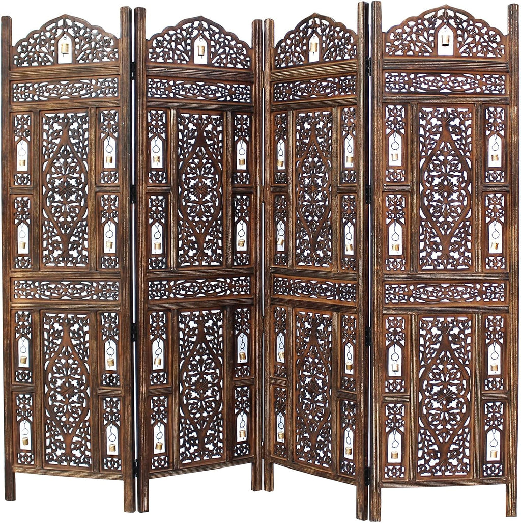 Room Divider Wood Screen - Ghanti Bells Antique Brown - 4 Panel Folding 72 x 80 - Assembled Hand Carved Decorative Functional Versatile Portable Partition Reversible Privacy Boho - COTTON CRAFT