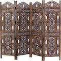 Room Divider Wood Screen - Ghanti Bells Antique Brown - 4 Panel Folding 72 x 80 - Assembled Hand Carved Decorative Functional Versatile Portable Partition Reversible Privacy Boho - COTTON CRAFT