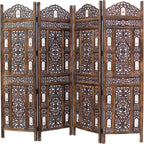 Room Divider Wood Screen - Ghanti Bells Antique Brown - 4 Panel Folding 72 x 80 - Assembled Hand Carved Decorative Functional Versatile Portable Partition Reversible Privacy Boho - COTTON CRAFT
