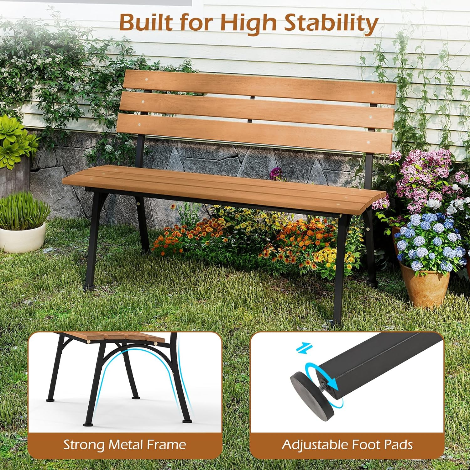 Tangkula Acacia Wood Outdoor Bench with Backrest, Patio Loveseat with Heavy Duty Metal Frame, Slatted Backrest and Seat, Park Bench for Outside Front Porch, Garden and Backyard