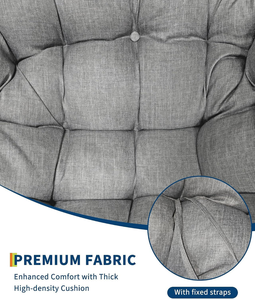 Oversized Papasan Rocking Lounge Chair with Neck Pillow, Hand Woven Rattan Rocker, Heavy Duty Metal Frame Supports 400LBS, Indoor Outdoor Porch Patio Living Room Chair,Gray
