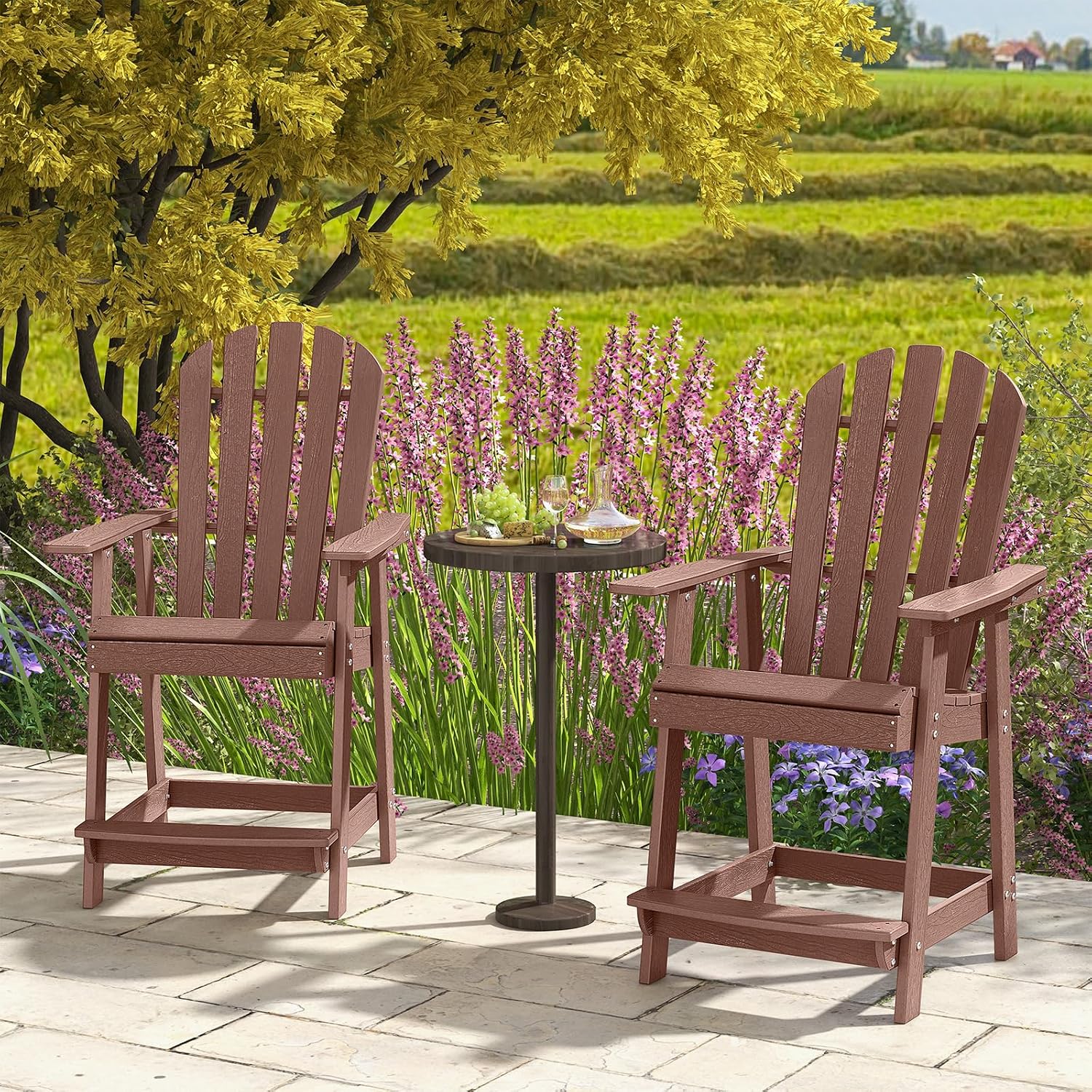 Tangkula Outdoor Bar Stool, HDPE Tall Adirondack Chair with Armrest & Footrest, Weather Resistant 47 Inch Counter Height Barstool Lifeguard Chair for Pool Deck Patio Garden, Balcony Chairs (2, Coffee)