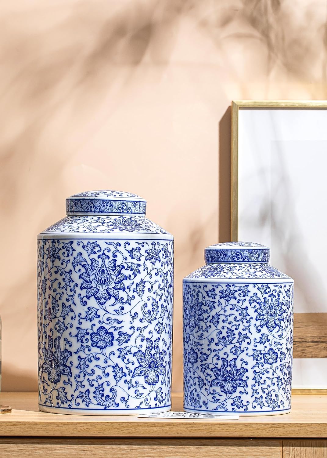 Blue and White Ginger Jar, Ceramic Chinoiserie Decorative Jars for Home, Office, Flower Vase Pocelain, Glossy Vase for Table, Living Room, Bookshelf, Mantle Fireplace, Centerpieces 11"