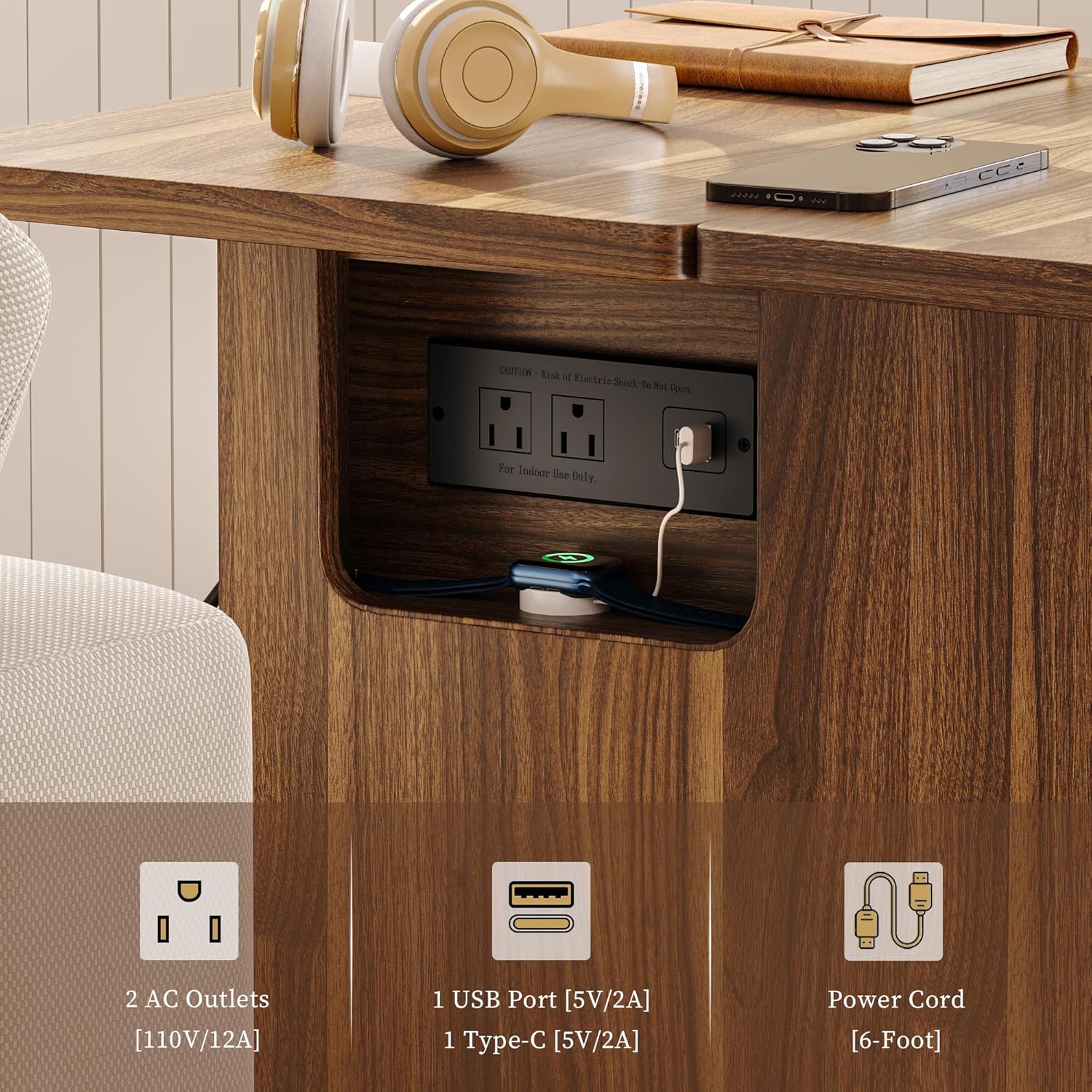 iPormis End Table with Charging Station, 15.7''-31.5'' Narrow Folding Side Table with Flip Top & Drawer, Wooden Sofa Couch Table with Storage Cabinet & Wheels, for Small Spaces Living Room, Walnut