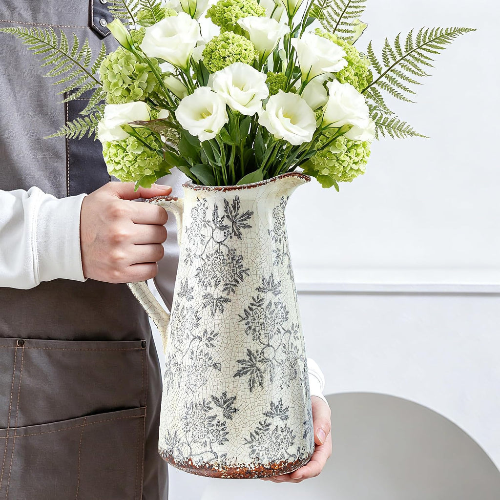 Enra 12.2" Blue and White Ceramic Vase with Handle – Handcrafted Large Chinoiserie Pitcher Vase for Fresh Flowers, Tall Decorative Vase for Living Room Focal Point, Bookshelf & Floor Accent