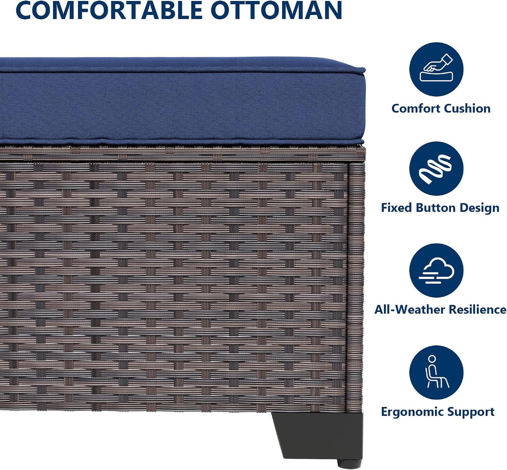 Kullavik Outdoor Ottoman Set of 2,All-Weather PE Wicker Outdoor Footstool with Thickened Cushions for Garden,Backyard,Deck,Porch,Poolside,Navy Blue