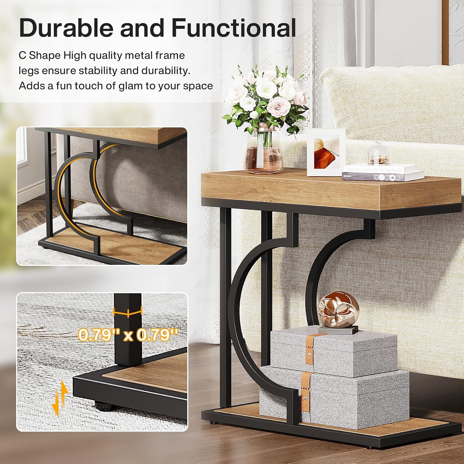 Tribesigns Narrow Side Table for Couch, C Shaped End Table with Metal Frame, Farmhouse Bedside Tables, Small Sofa Tables for Small Spaces, Living Room (1, Natural+Black)