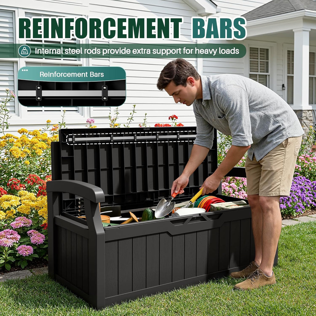 Black 80 Gallon Lockable Resin Deck Box Storage Bench, Waterproof Outdoor Storage Container for Patio Cushions, Garden Tools & Pool Supplies, Extra Patio Seating