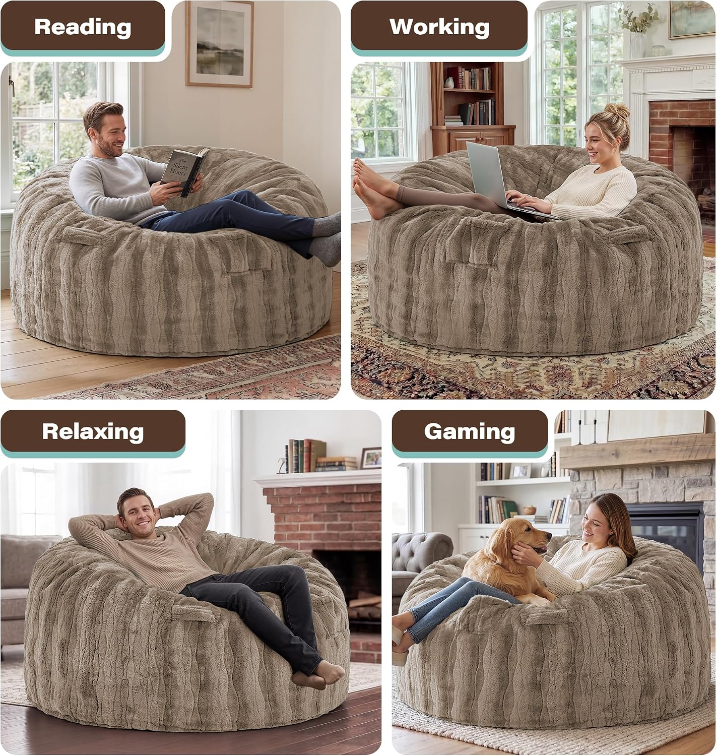 fond + found Adult Bean Bag Chairs 5FT Large Lounger, Wave Cover, Brown | Portable Handle, Removable and Washable Cover, Memory Foam Filled, Relaxing, Reading, Large, Soft Wave Pattern Plush Fabric