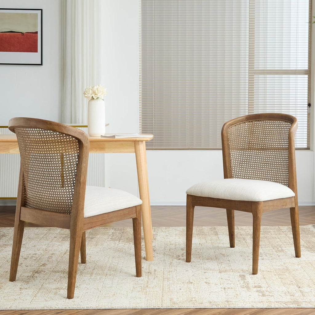 Christopher Knight Home Lilia Dining Chairs Set of 2, Modern Dining Chair with Fabric Upholstery, Rubberwood Frame Kitchen Chairs with Cane Webbing, Extra Seat for Dining Room, Beige + Walnut