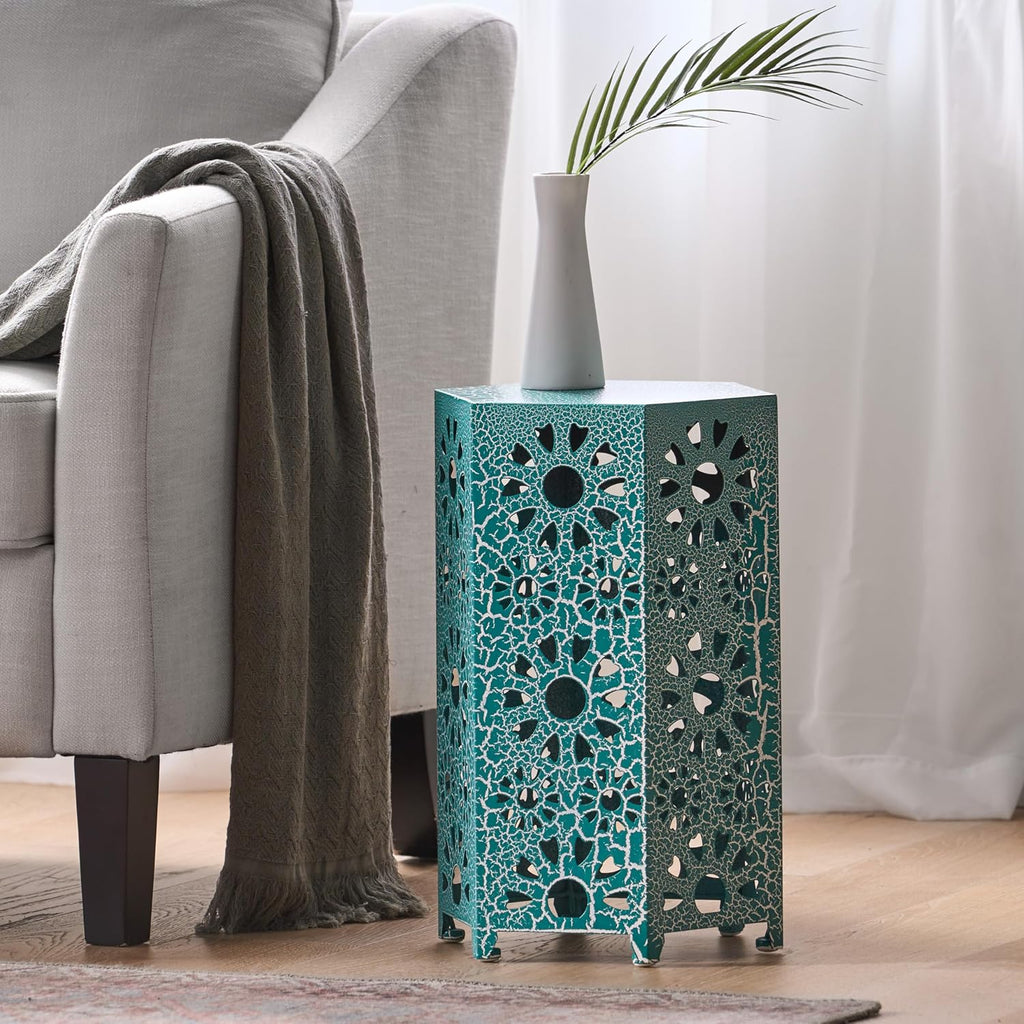 Eliana 12" Hexagonal Metal Side Table, Teal Crackle Finish Boho Accent Table with Cutout Floral Design, Sturdy Iron End Table for Living Room Bedroom Patio Decor