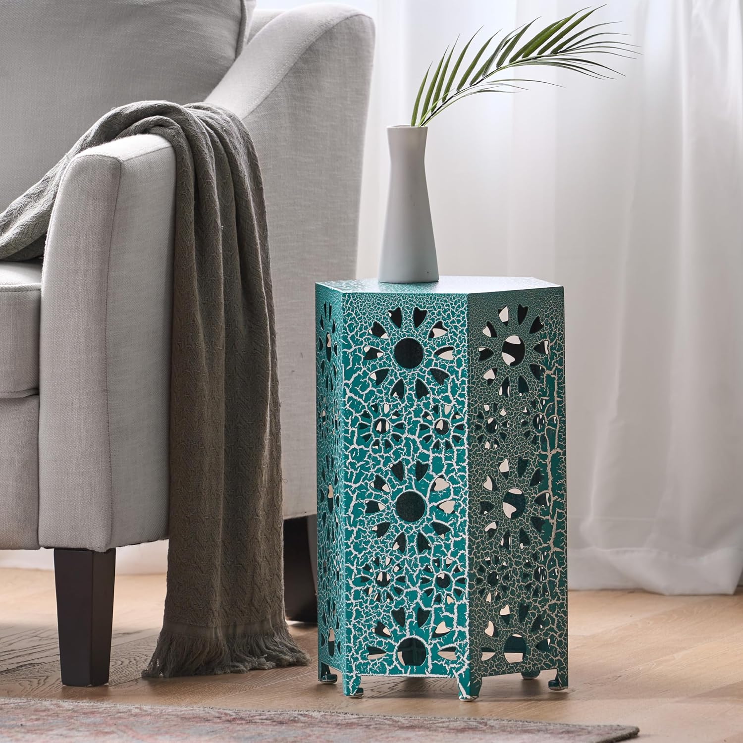 Eliana 12" Hexagonal Metal Side Table, Teal Crackle Finish Boho Accent Table with Cutout Floral Design, Sturdy Iron End Table for Living Room Bedroom Patio Decor