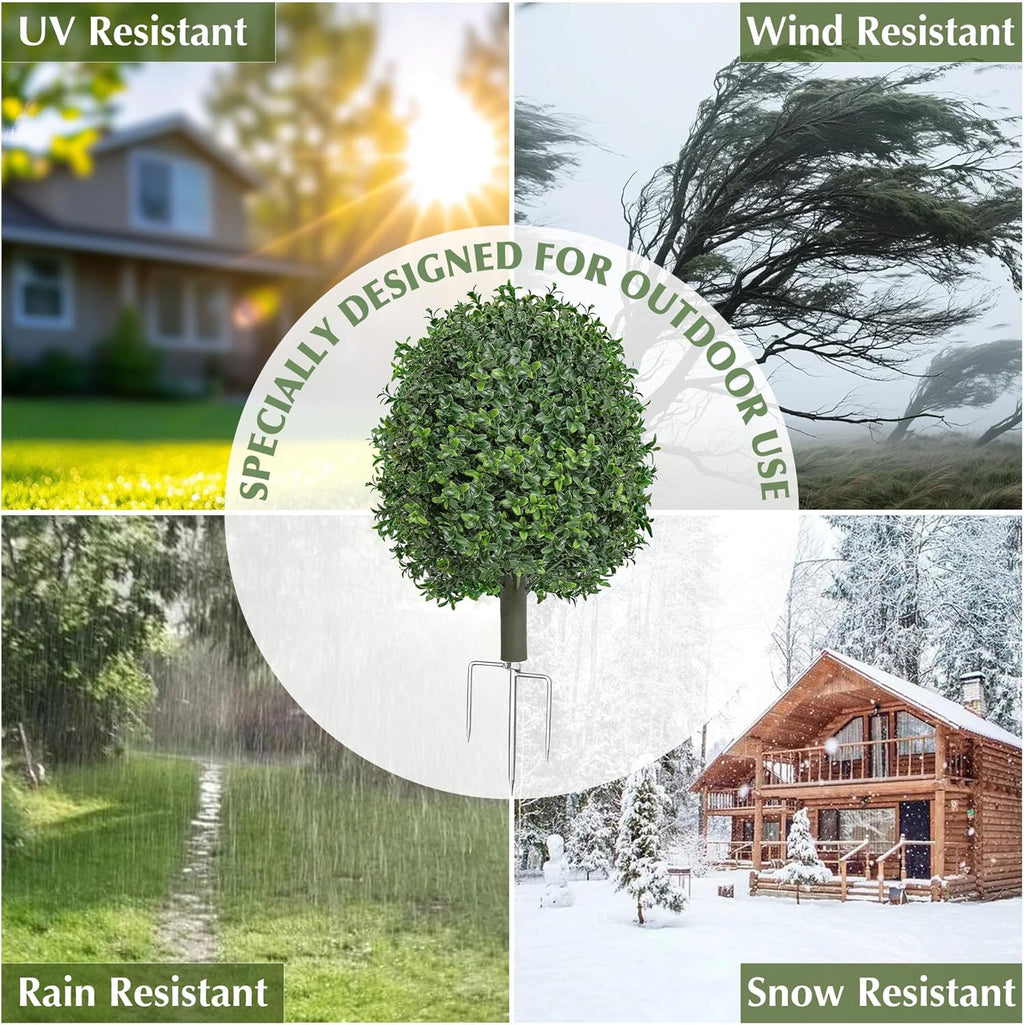 Artificial Boxwood Topiary Trees Outdoor Set of 2, UV Resistant Faux Outdoor Plants with Metal Ground Stakes, Evergreen Boxwood Ball Bushes for Front Porch Patio Garden Entryway Decor