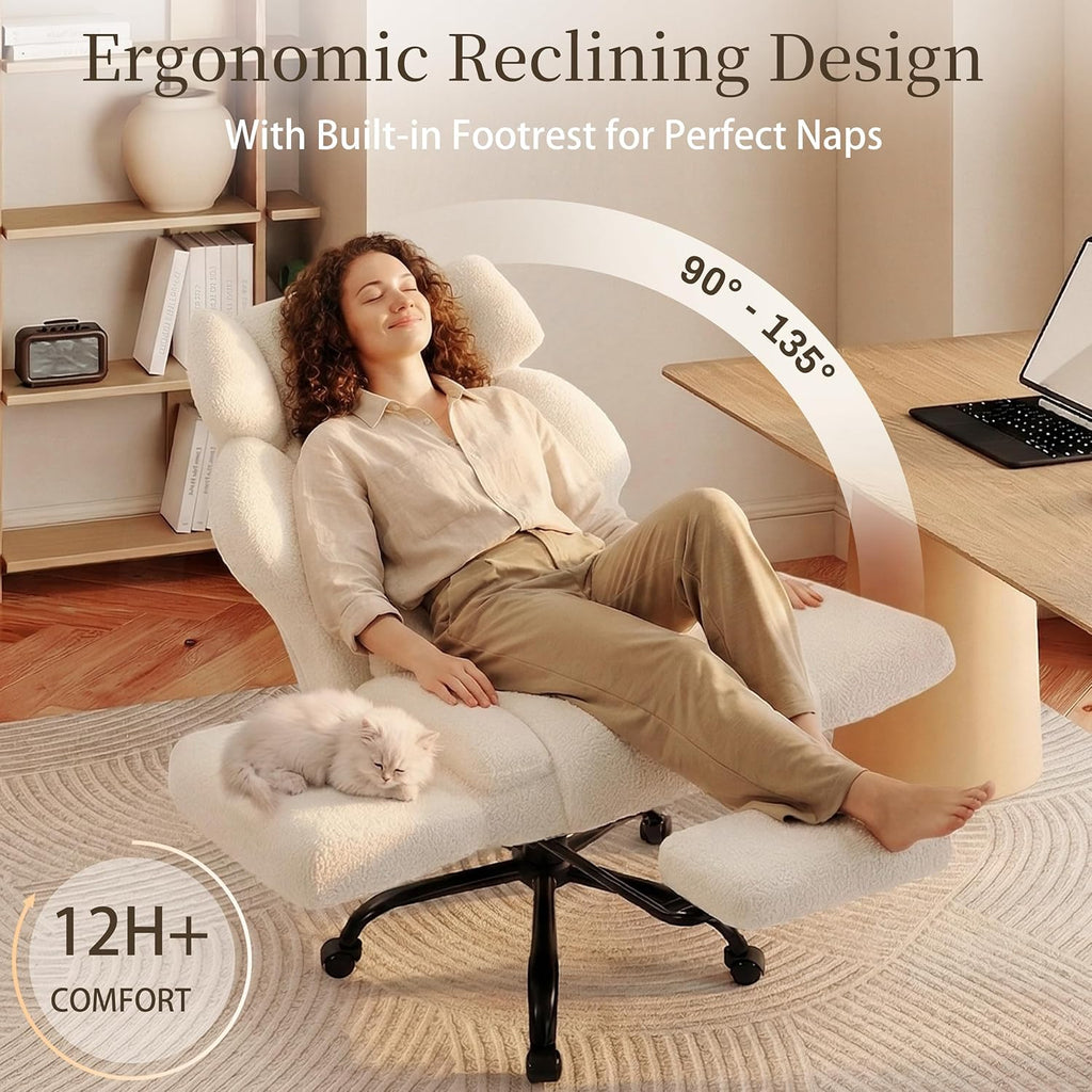 Office Chair with Flip Armrests,Big and Tall Office Chair with Foot Rest,Extra Wide Seat & Lumbar Pillow,Ergonomic Computer Gaming Chair,Comfy Criss Cross Chair for Pets Sitting,Teddy Fleece,White
