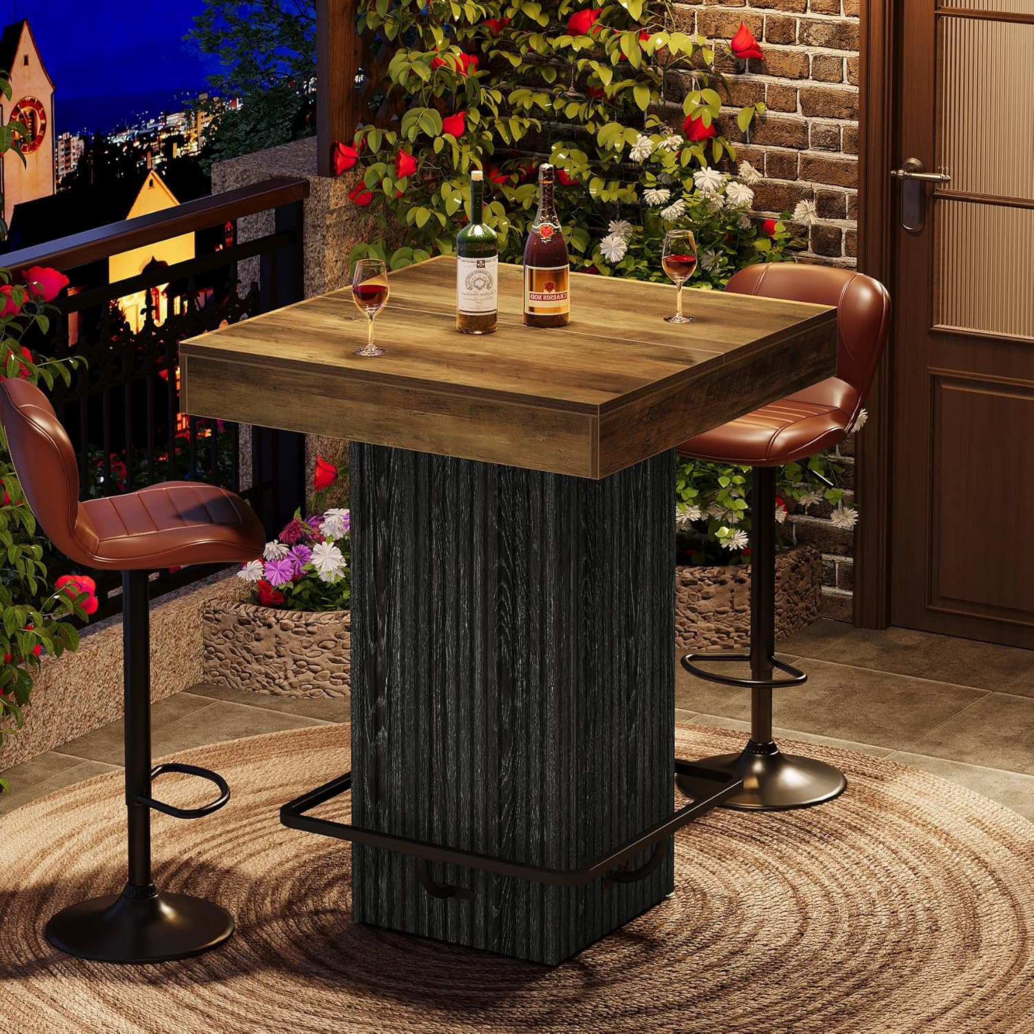Tribesigns Square Bar Table, Kitchen Dining Table, Industrial Counter Height Pub Cocktail Table Home Bar Unit with Metal Footrest for Dining Room, Tavern, Coffee Corner, Bistro, Rustic Brown