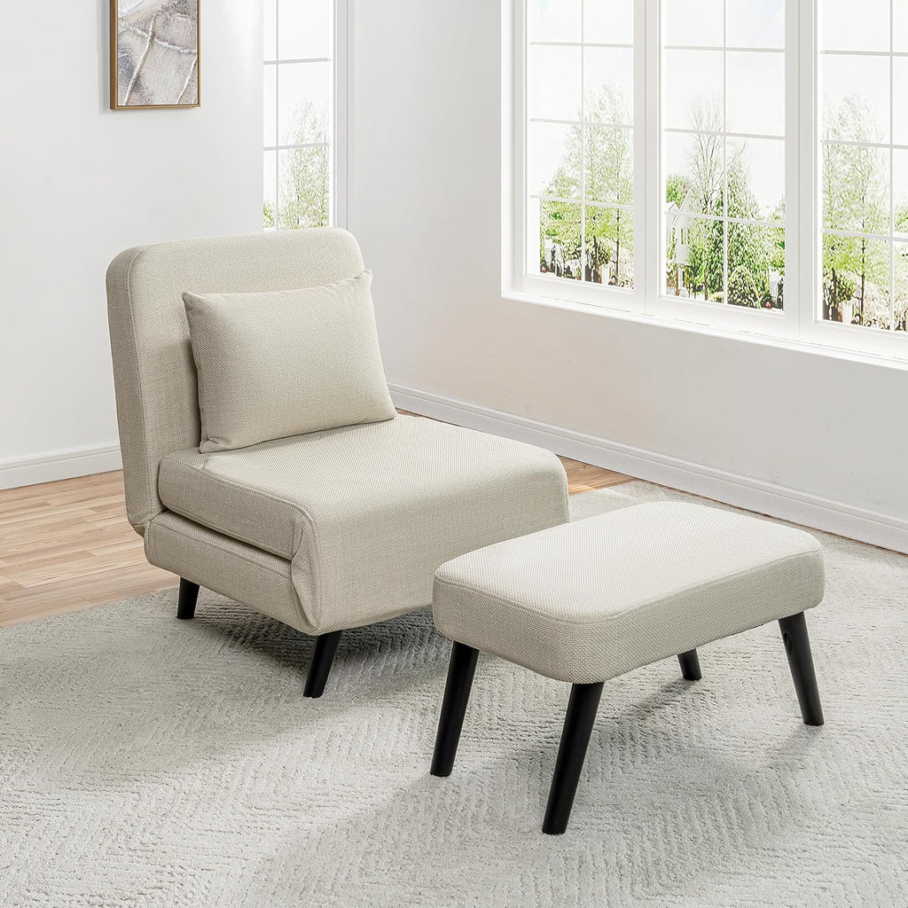 3 in 1 Foldable Sleeper Chair Bed, Convertible Sofa Bed with Adjustable Backrest, Footrest & Detachable Pillow, Linen Chaise Lounge, Accent Chair for Living Room, Bedroom and Office (Beige)