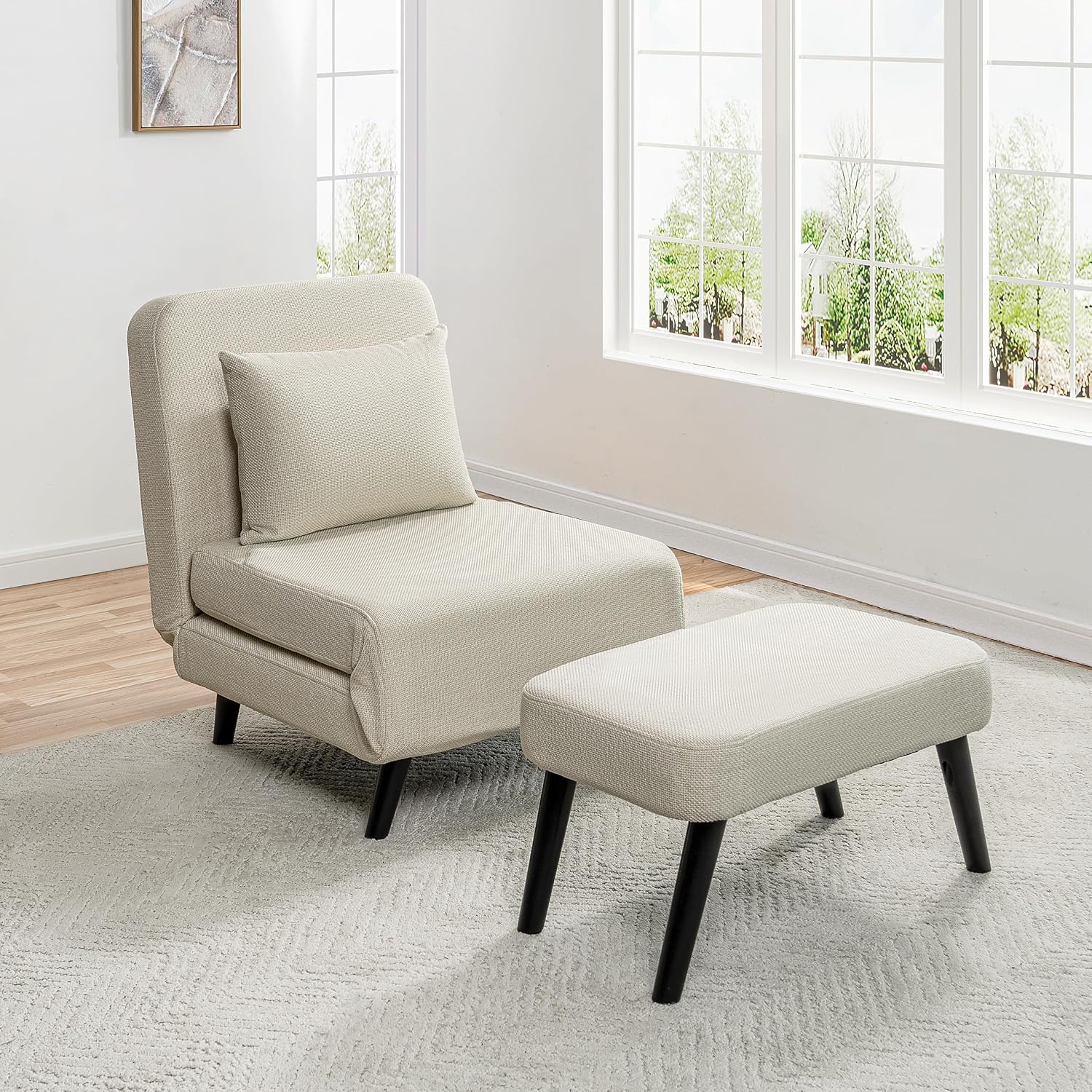 3 in 1 Foldable Sleeper Chair Bed, Convertible Sofa Bed with Adjustable Backrest, Footrest & Detachable Pillow, Linen Chaise Lounge, Accent Chair for Living Room, Bedroom and Office (Beige)