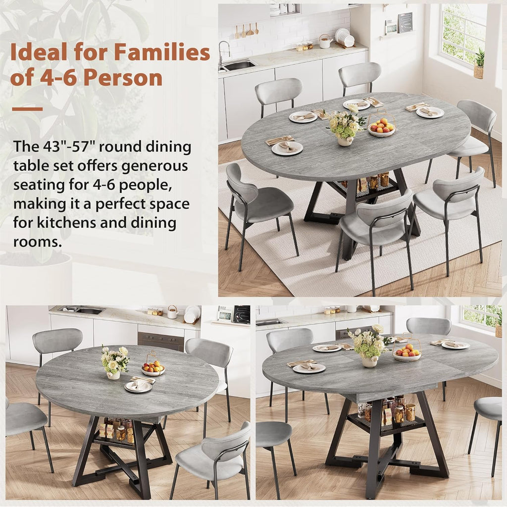 Expandable Kitchen Dining Table for 4-6, Oval Round Dining Table with Storage Shelf and Removable Extension Leaf, Space Saving Pedestal Table for Dining Room, Modern Industrial Style (Grey)
