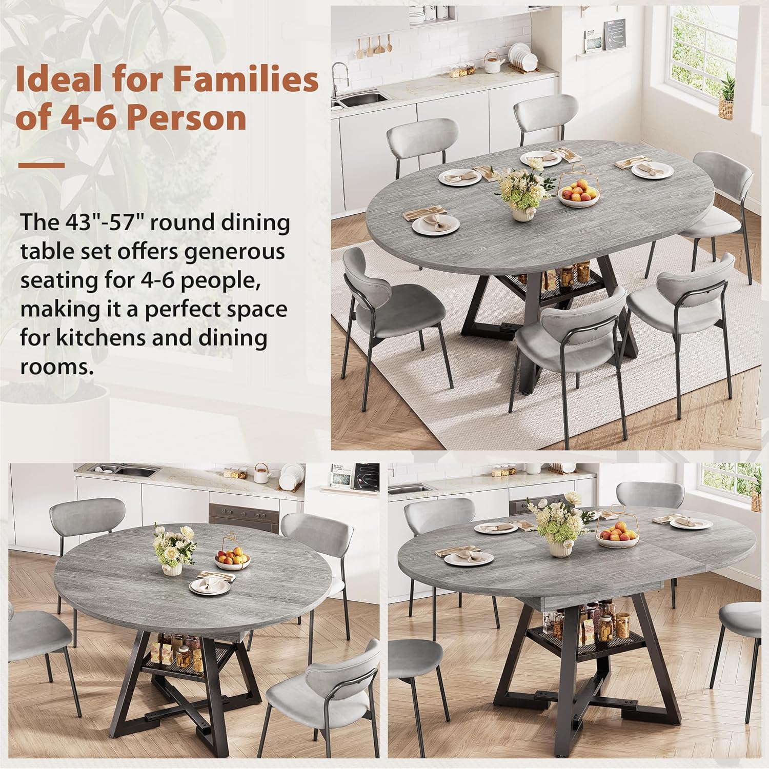 Expandable Kitchen Dining Table for 4-6, Oval Round Dining Table with Storage Shelf and Removable Extension Leaf, Space Saving Pedestal Table for Dining Room, Modern Industrial Style (Grey)