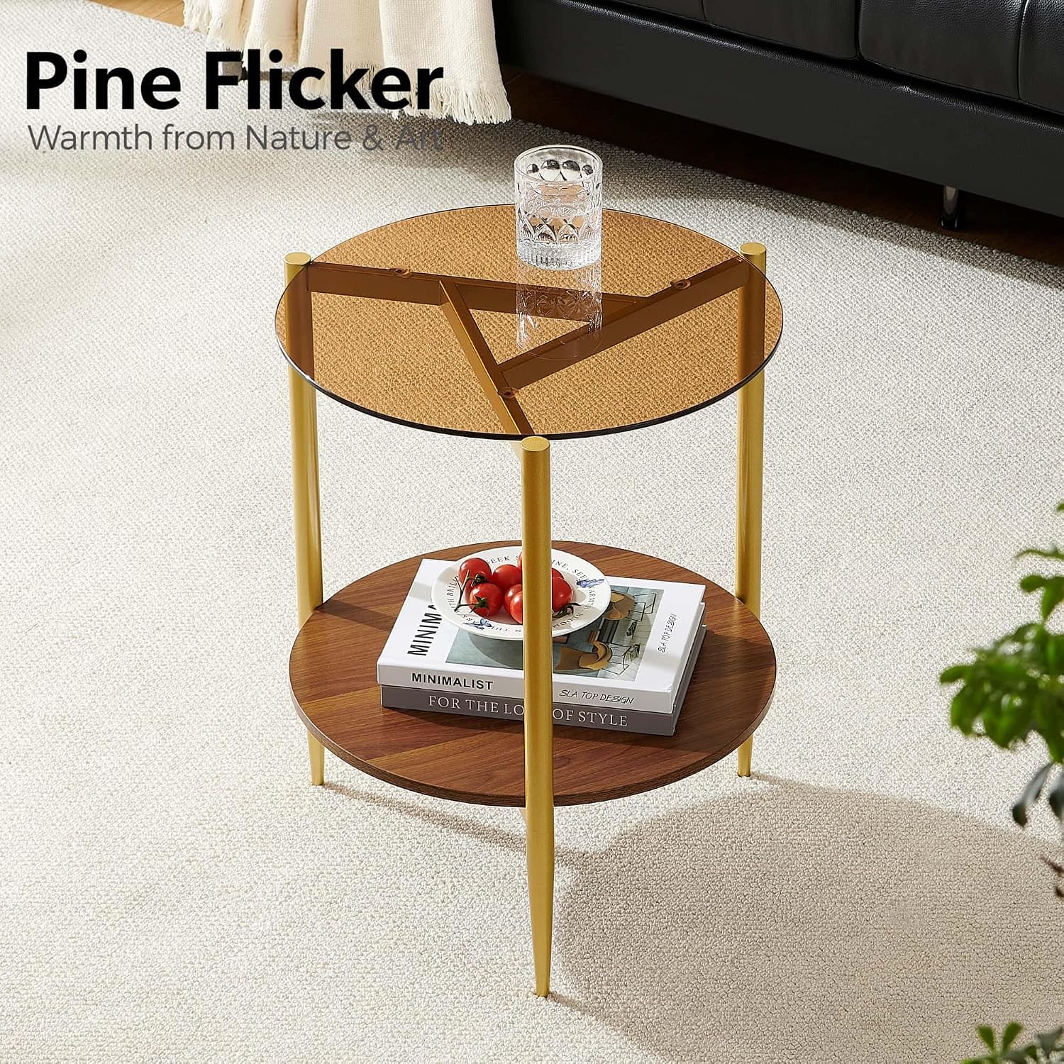 Round End Table, Mid-Century Modern Design, D20*H23 inch, for Living Room, 2-Tier Structure, Amber Glass Top and Walnut MDF Shelf, Sleek Conical Metal Legs with Gold Finish