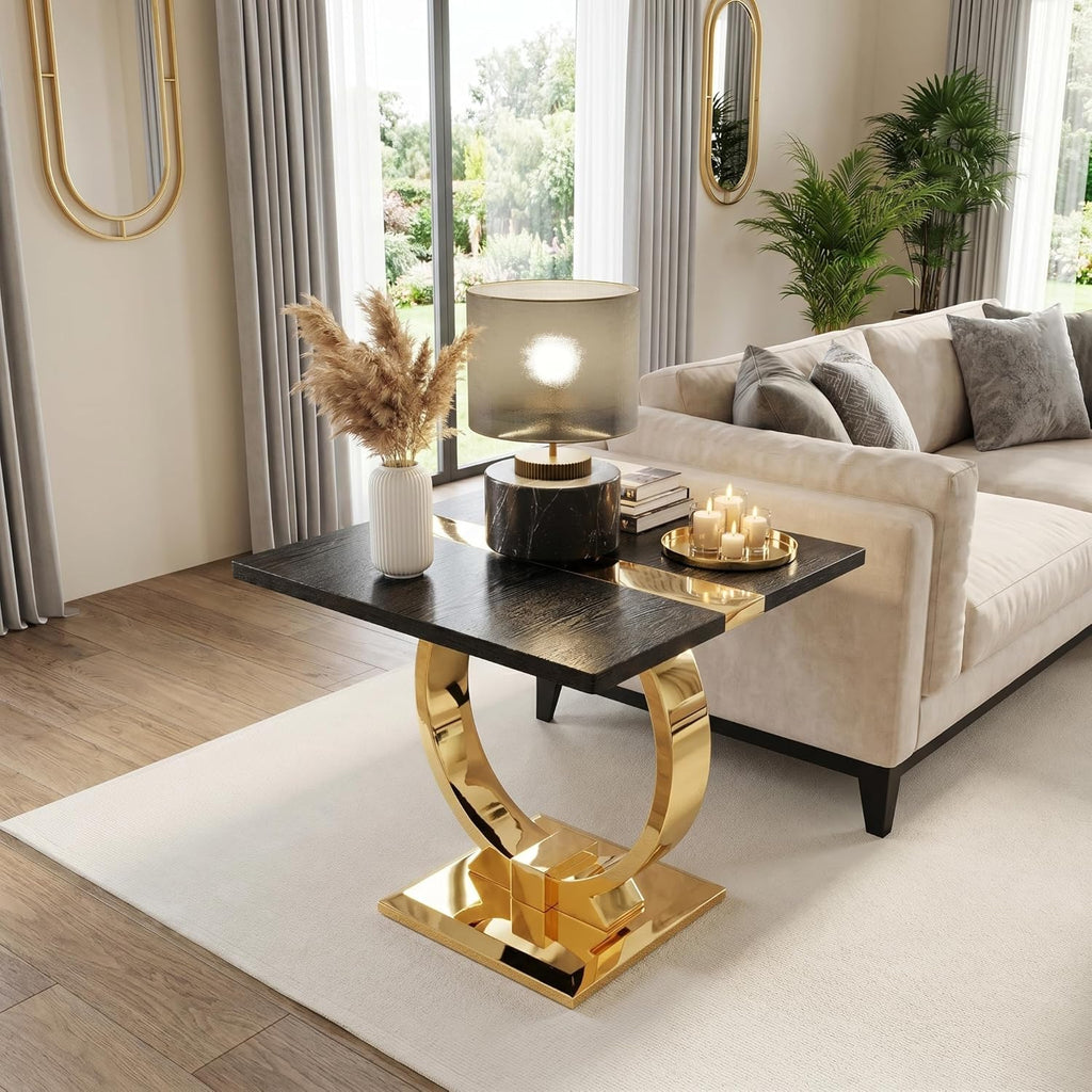 Asday 23” Wooden End Table Set of 2, Modern Luxury Square Side Table with Metal U Base for Living Room Bedroom Office, Black and Gold Nightstand Bedside Table Small Accent End Table