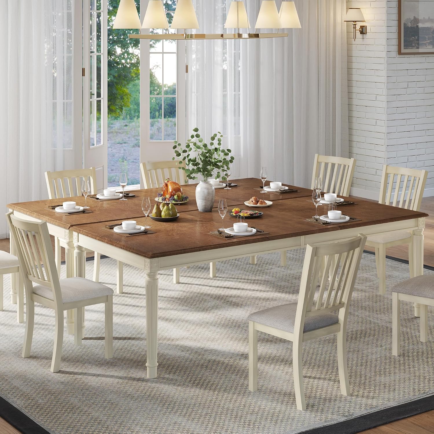 AMERLIFE 79 Inch Farmhouse Dining Table for 6 to 8, Large Rectangular Solid Wood Kitchen Dining Table with Roman Conical Legs, Rustic Dining Room Table for Family Gatherings, Rustic Cream
