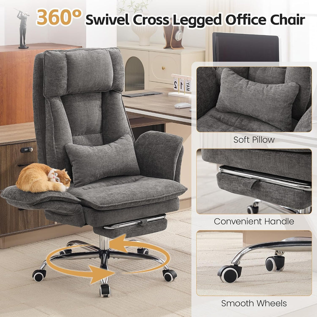 Big and Tall Office Chair, Cloud Reclining Office Chair with Footrest & Flip Armrest for Pets, Executive Ergonomic Criss Cross Desk Chair, Swivel Gaming Chair with Lumber Pillow, Chenille Light Grey