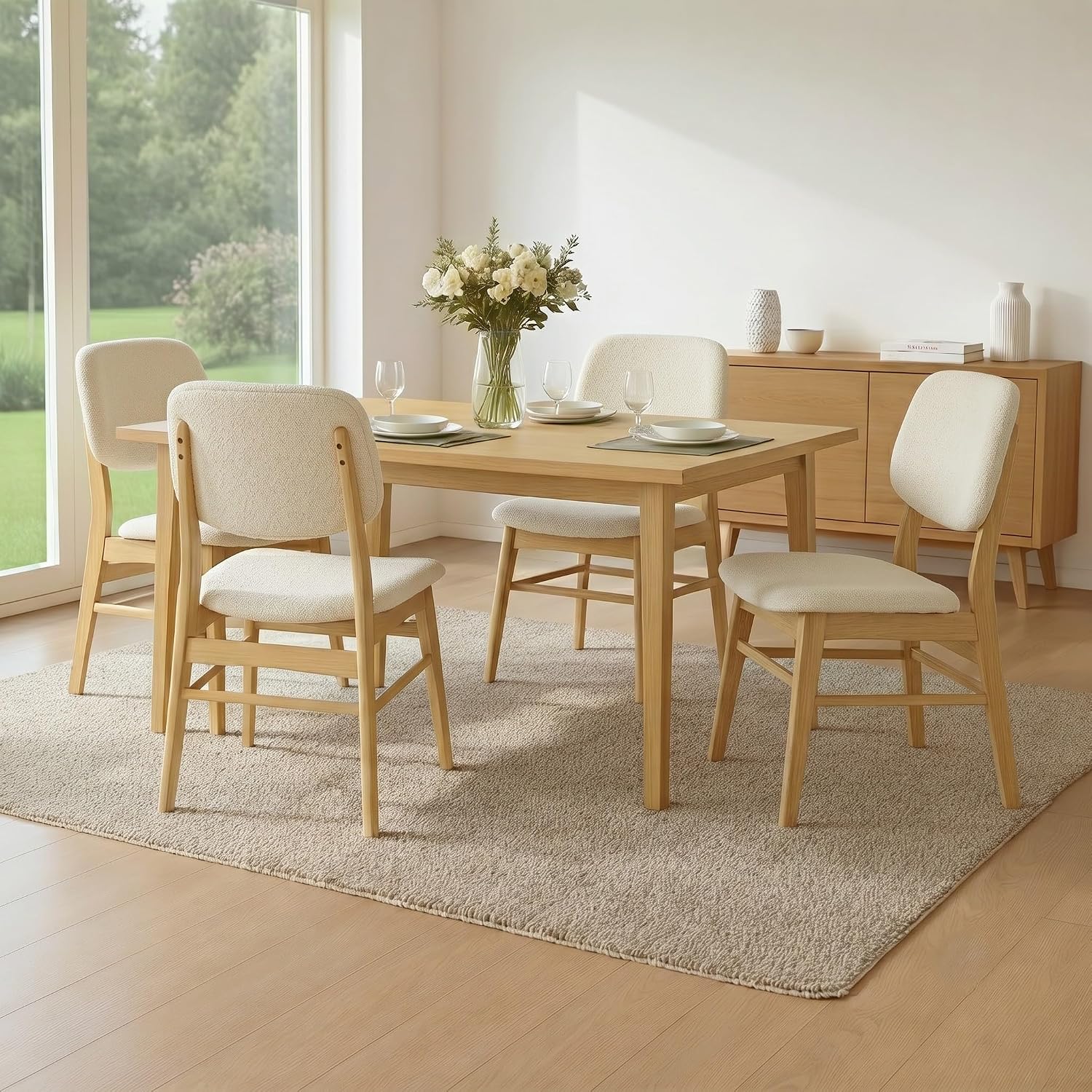 KISLOT Wooden Dining Chairs Set of 4, Upholstered Modern Dining Room Chairs, Mid Century Solid Oak Wood Kitchen Chairs for Farmhouse, Restaurant, Café (Cream Fabric & Original Color)