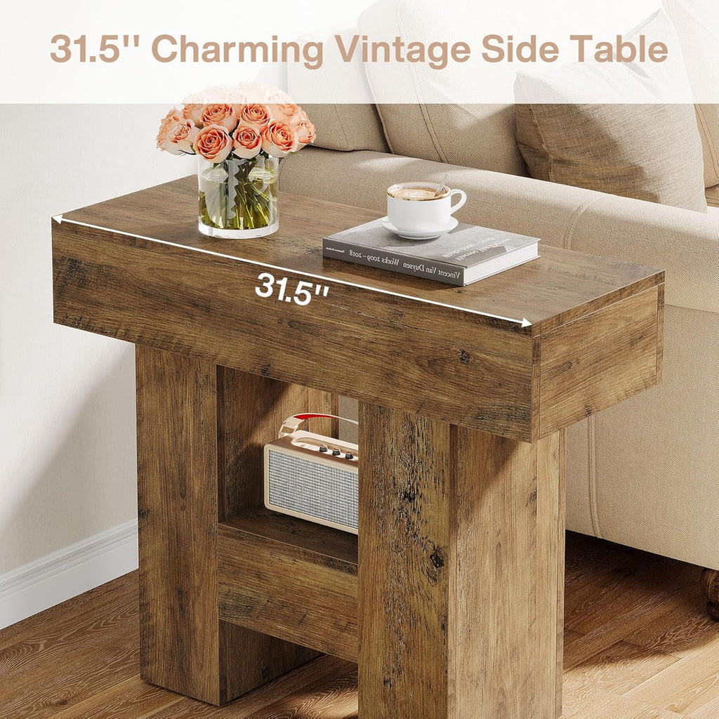 Tribesigns Farmhous End Table, 2-Tier Narrow Side Table with Storage Shelf for Living Room, Rustic Wooden Sofa Side Tables and Nightstand for Bedroom, Living Room, Apartment, Brown