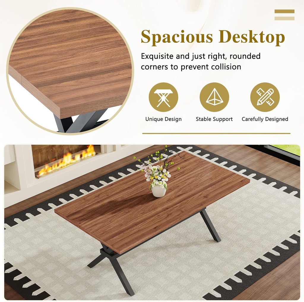 71" Farmhouse Dining Table Set for 6, 7 Piece Rectangular Kitchen Table and Chairs Set, Walnut Wood Grain Dining Room Table with Iron Legs & 6 Black Upholstered Chairs, Easy Assembly