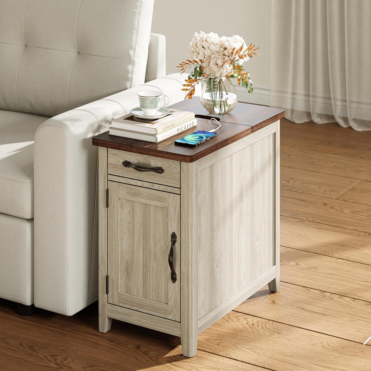 LINSY HOME End Table with Charging Station, Updated Farmhouse Flip Top Sofa Couch Side Table with Cup Holder and Storage Drawer, Wooden Narrow Bedside Nightstand for Living Room, Bedroom, White Oak