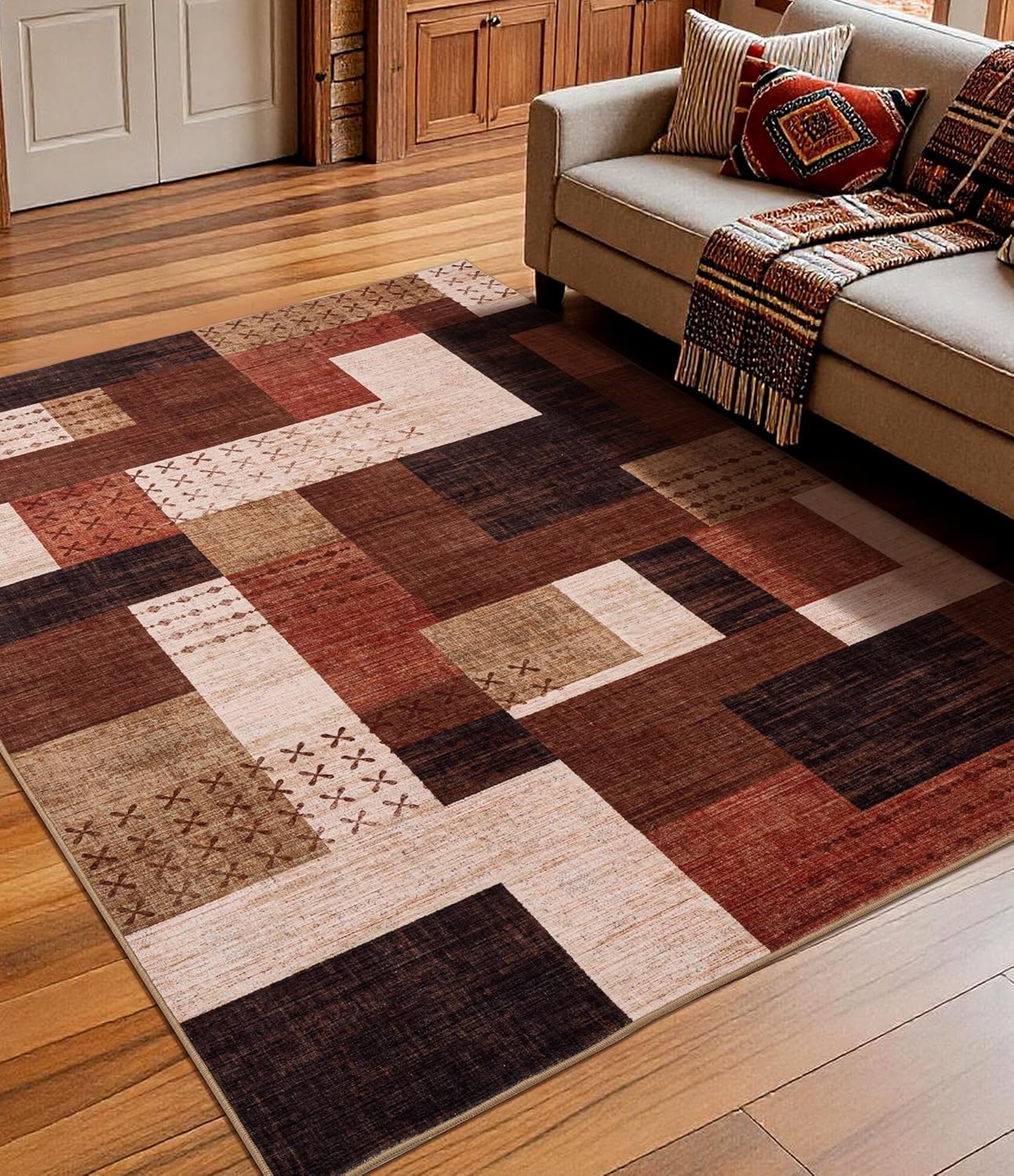 YIHOUSE Brown Modern 5x7 Area Rugs for Living Room, Washable Geometric Patchwork Rug for Bedroom Playroom Non Slip Low Pile, Southwestern Rustic Throw Carpet for Entryway Home Office