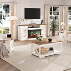 LUXOAK 3-Piece Farmhouse Living Room Table Sets, Includes 1 x Coffee Table, 2 x End Tables with Charging Station & USB Ports, Rustic Coffee Table Set of 3, Distressed White