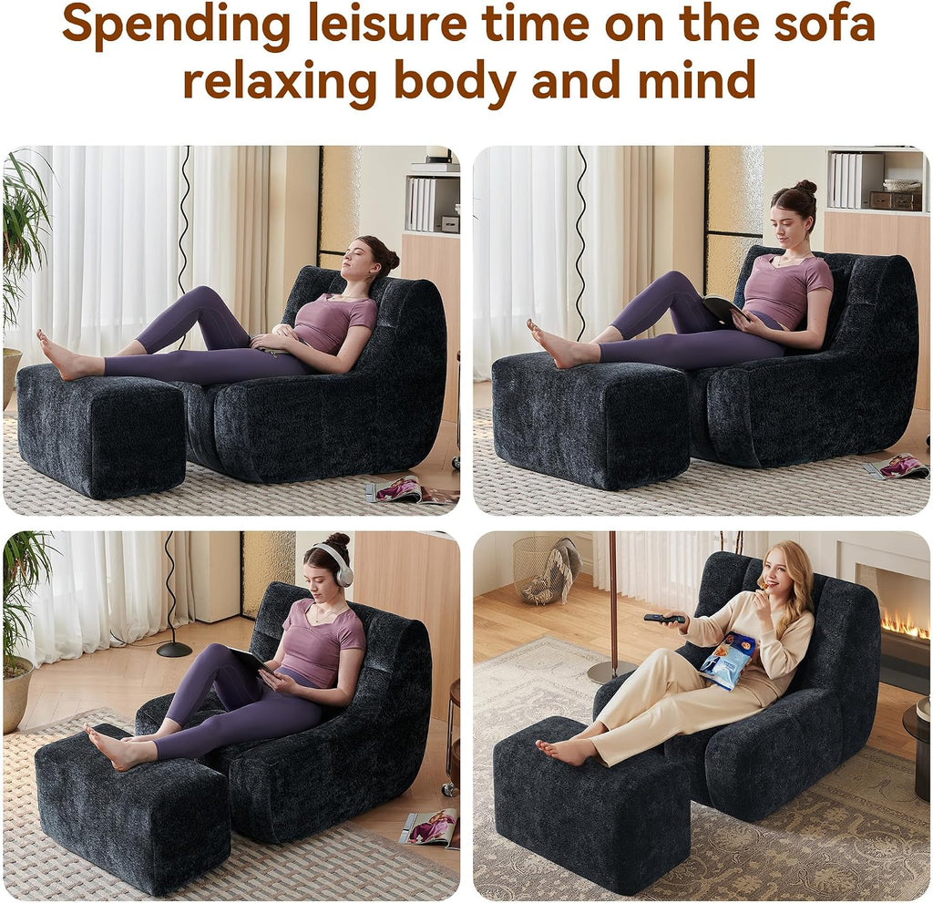 Bean Bag Chair With Footrest,Integrated Sponge Lounge Chair,Comfortable Bean Bag Sofa with Backrest, Faux FurBeanBagChair forAdultsandKids, Ideal for Bedrooms,Living Rooms,and Apartments(Black)