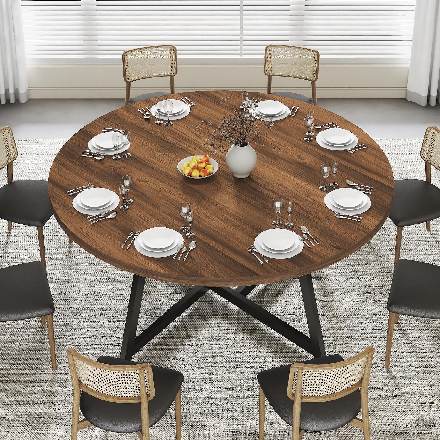 Large Round Dining Table for 6-8, Wooden Dinner Table with Heavy Duty Metal Pedestal Base (Dark Brown)