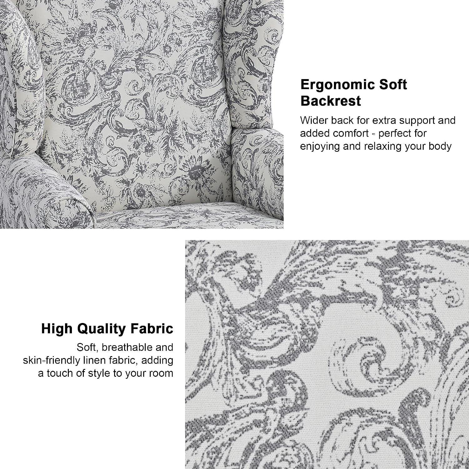 Mid-Century Modern Wingback Accent Chair, Rococo Light Grey, Set of 2 | High Back Upholstered Armchair with Solid Wood Legs, Comfy Single Sofa Reading Chairs for Living Room, Bedroom