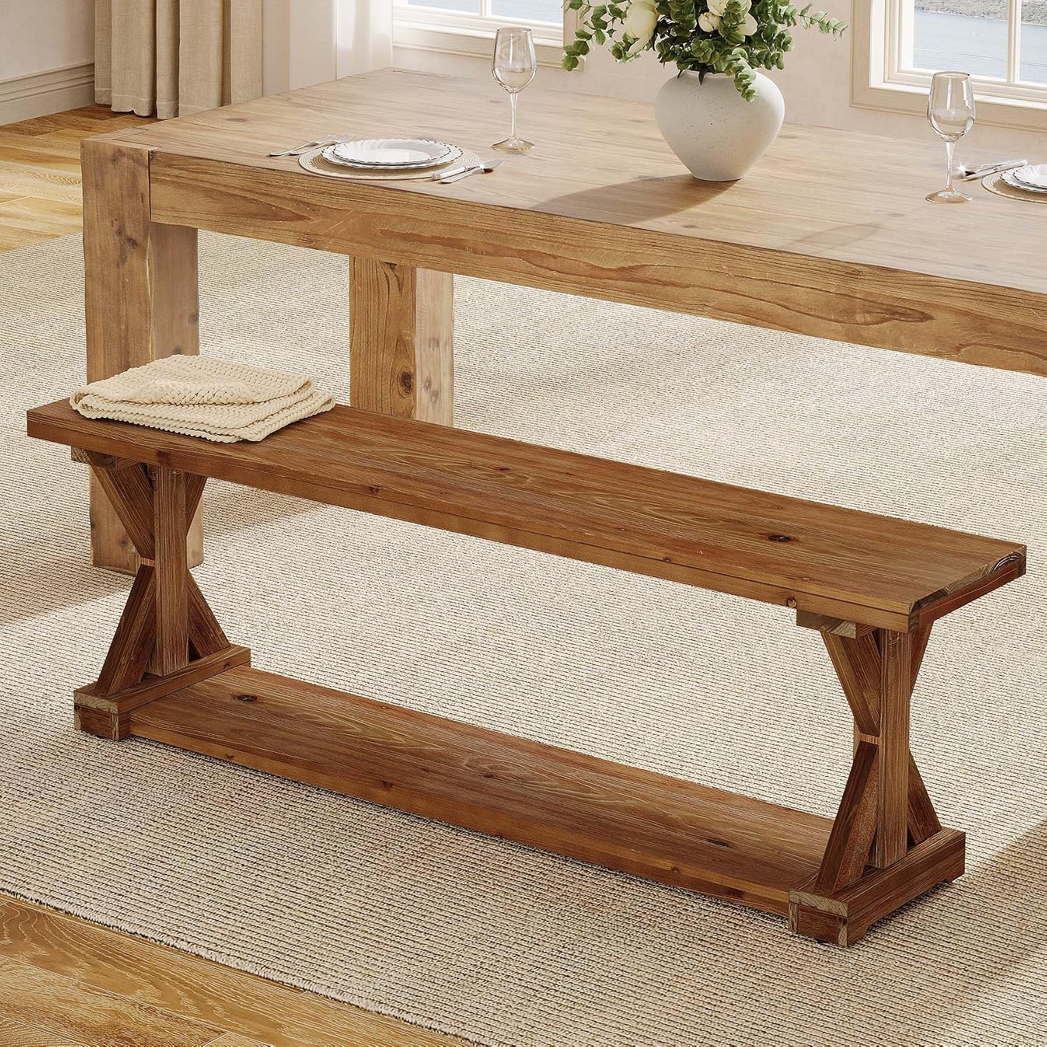 59-Inch Solid Wood Dining Bench, Modern Rustic Bench for Dining Table, 2-Tier Wooden Storage Seat for Dinner Room, Kitchen, Living Room & Hallway, Brown