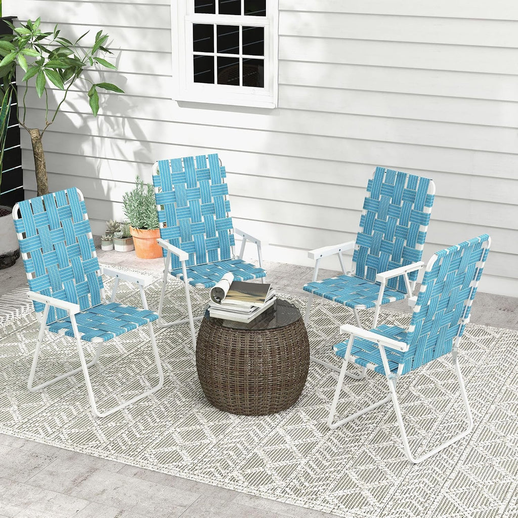 4-Pack Blue Folding Patio Chairs: Lightweight Steel FFor rame, PE Strap Seat, 264lb Capacity, Fold to 33" L x 2.75" H for Camping & Lawn
