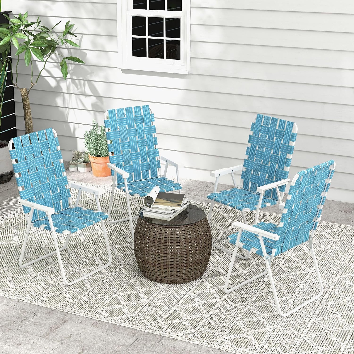 4-Pack Blue Folding Patio Chairs: Lightweight Steel FFor rame, PE Strap Seat, 264lb Capacity, Fold to 33" L x 2.75" H for Camping & Lawn