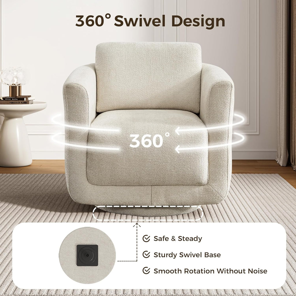 Swivel Accent Chair, 360° Barrel Chair with Solid Wood Frame & Removable Ergonomic Support Back Cushion, Fully Assembled Chenille Armchair for Living Room & Bedroom, Beige