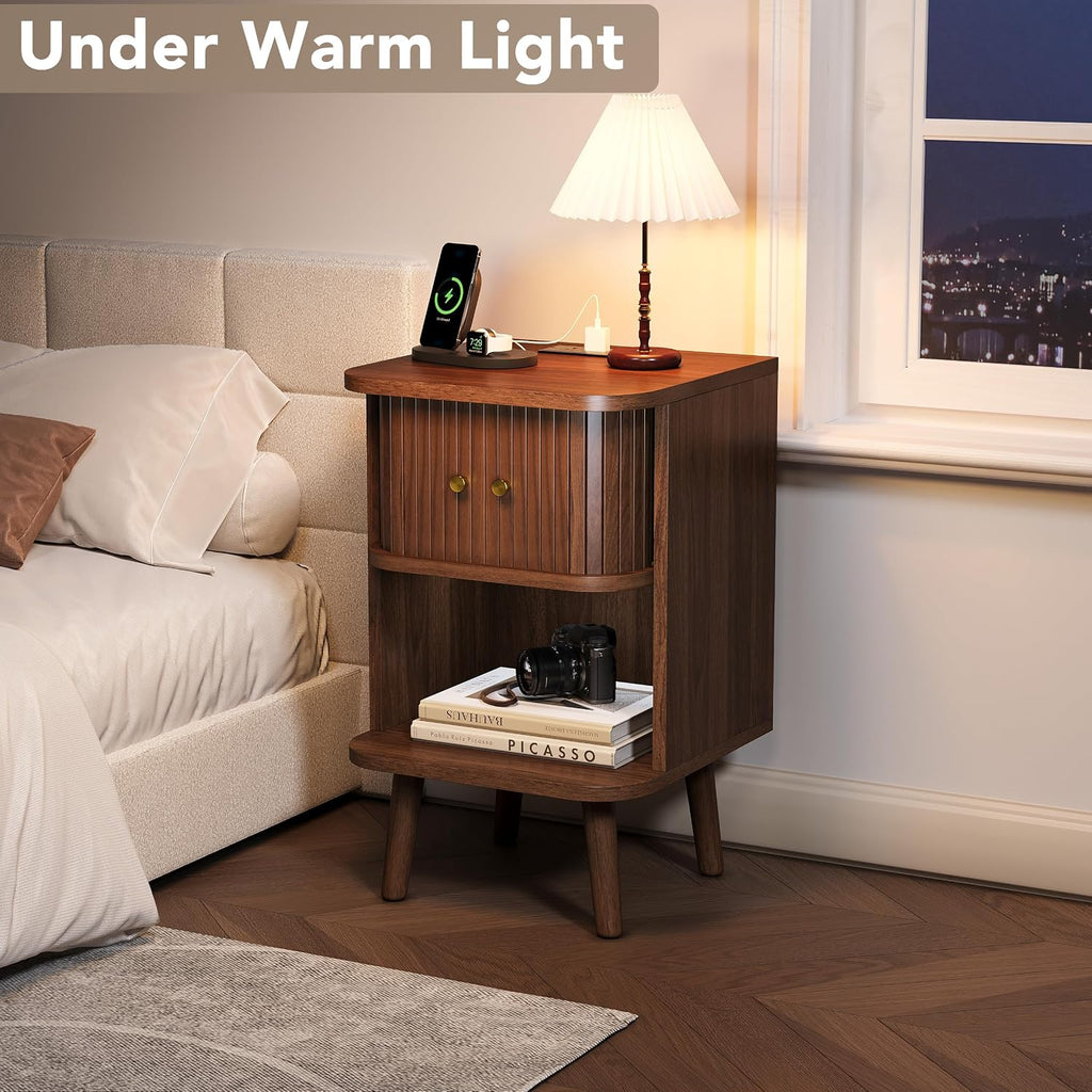 Decofy Mid Century Modern Nightstand Set of 2 with Charging Station, Walnut | Fluted Beside Table with Tambour Sliding Door & Open Shelf, End Table with Curved Corners Design, Wood Nightstand for Bedroom