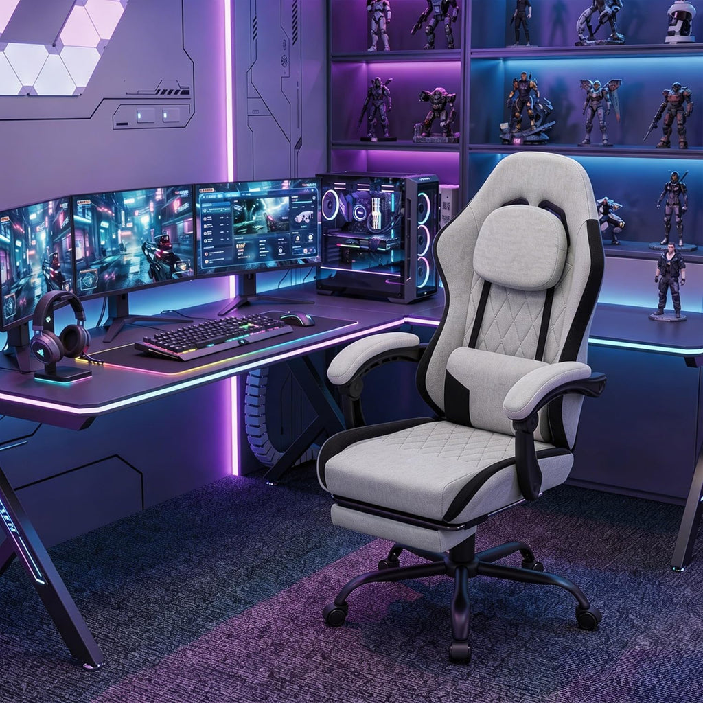 Gaming Chair for Adults, Fabric Gaming Chair with Footrest and Pocket Spring Cushion, Ergonomic Gamer Chair with Lumbar Support, Reclining Computer Gaming Chair with High Back, Grey