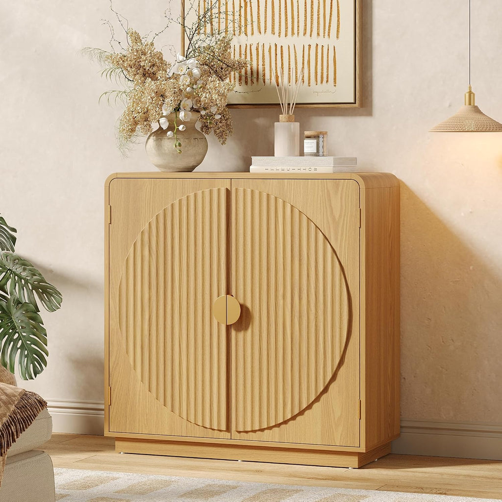 30.3" Modern Sideboard Buffet Cabinet w/ Storage & Fluted Arched Doors, Accent Storage Cabinet, Coffee Bar Buffet Console Table Credenza for Dining Room/Living Room/Entryway/Small Space, Natural Wood