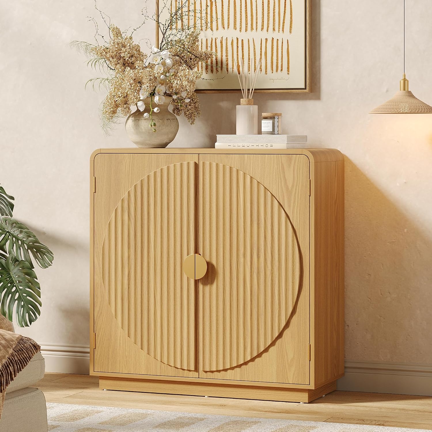 30.3" Modern Sideboard Buffet Cabinet w/ Storage & Fluted Arched Doors, Accent Storage Cabinet, Coffee Bar Buffet Console Table Credenza for Dining Room/Living Room/Entryway/Small Space, Natural Wood