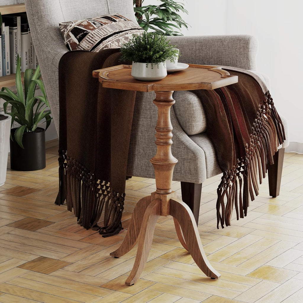 COZAYH Rustic Pedestal End Table, Distressed Farmhouse Side Table with Unique Tray-Style Wooden, Accent End Table for Bedroom, Living Room, Entryway, Brown