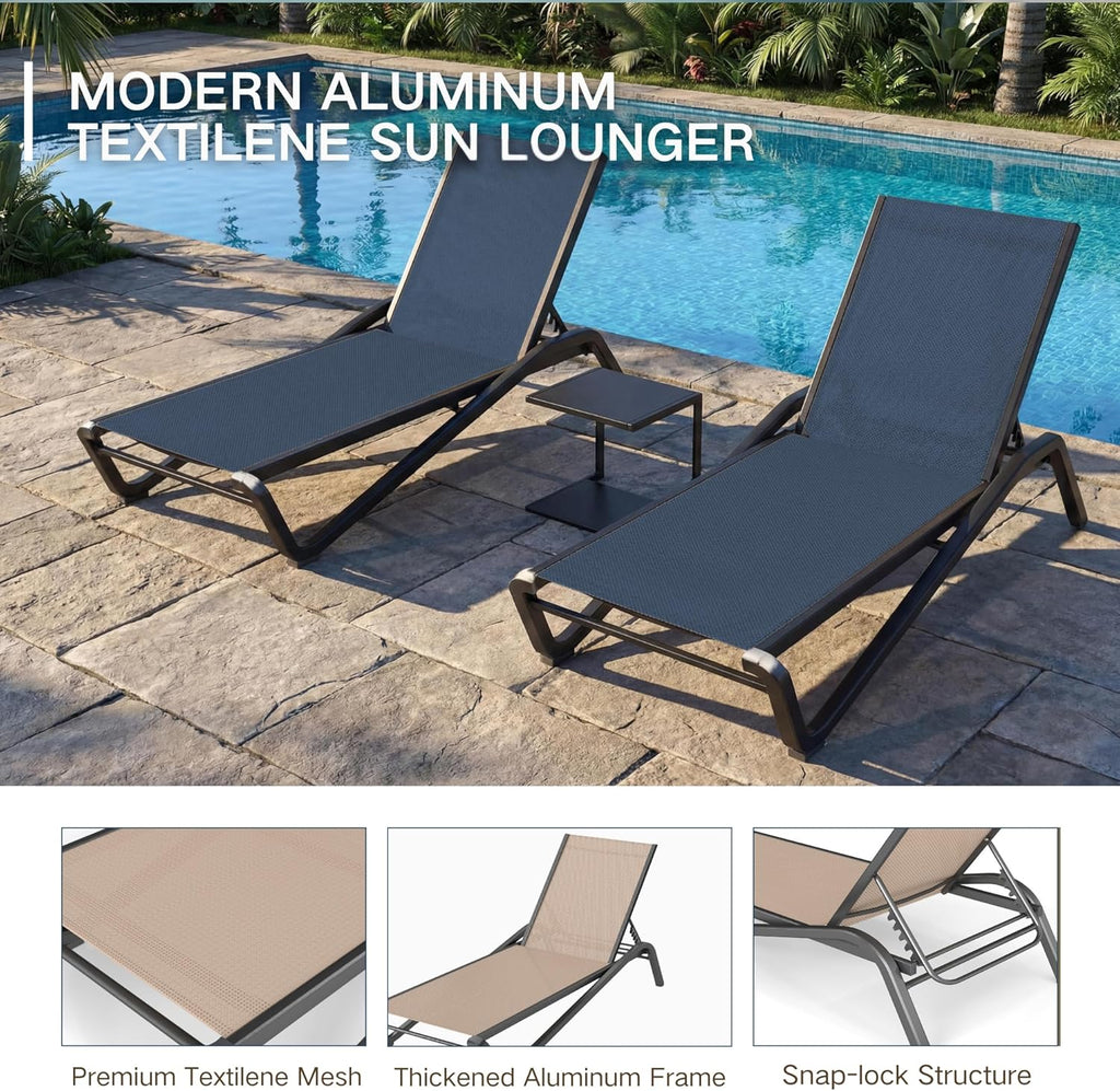 Kingdura Chaise Lounge Chairs Set of 2 for Pool, Aluminum Outdoor Lounge Chairs with 5 Positions Recliner, Lightweight Pool Lounger Lounge Chairs for Outside Patio Deck Poolside (Navy Blue, 2 Chair)